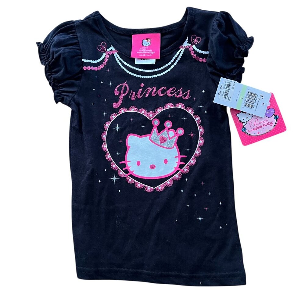 NWT Hello Kitty Princess T-Shirt Black Size 4 Cotton Glitter Sanrio SS Crown